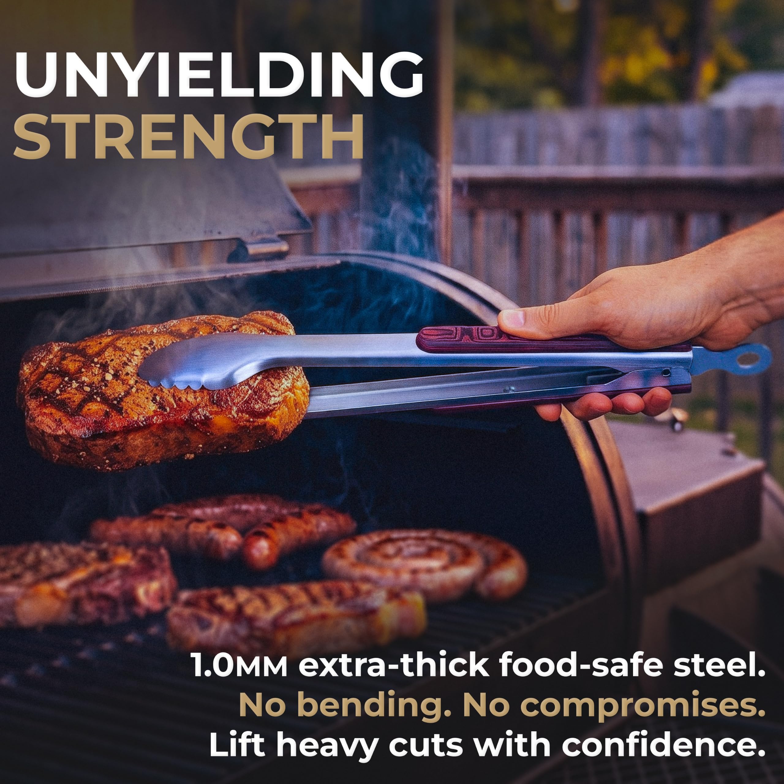 Falkridge tongs in backyard charcoal grill scene for versatile use