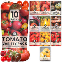 Family Sown front packaging showing ten tomato seed packets and gift-ready design benefit