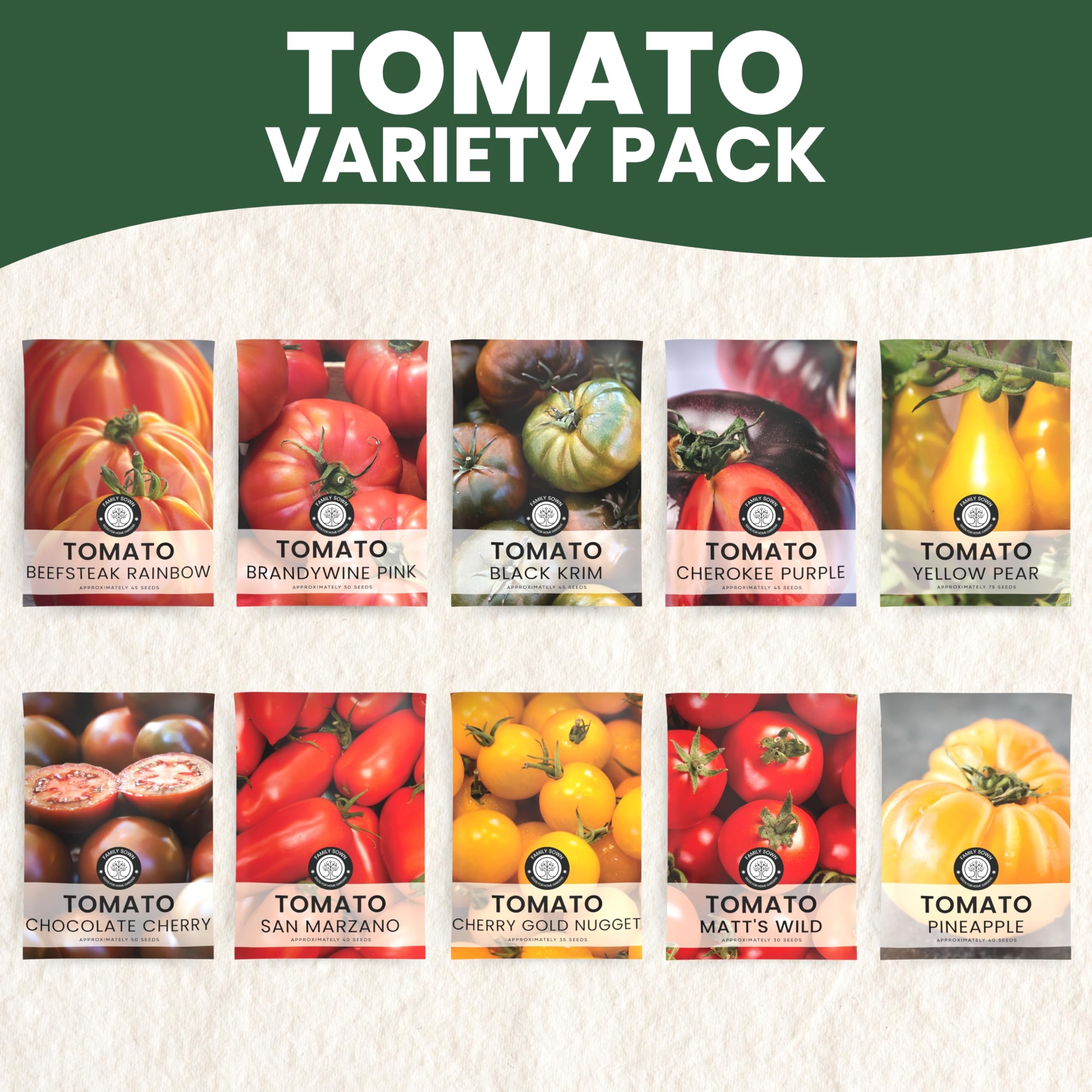 Family Sown tomato seeds displayed for size and texture clarity to aid planting decisions