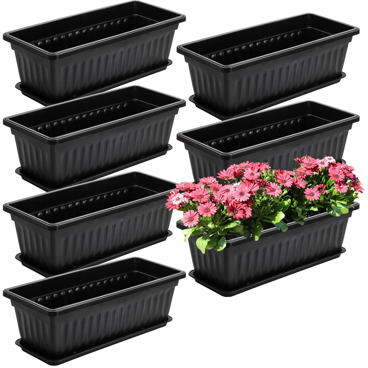 Fasmov front view of seven black window boxes protecting balcony surfaces