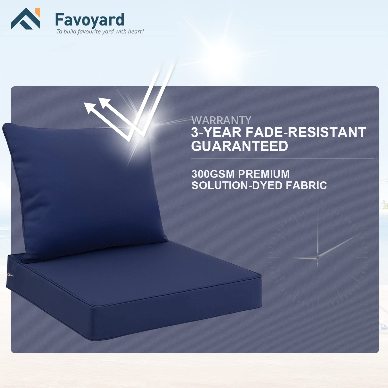 Favoyard hidden zipper and tie strap detail securing cushion and protecting foam from moisture