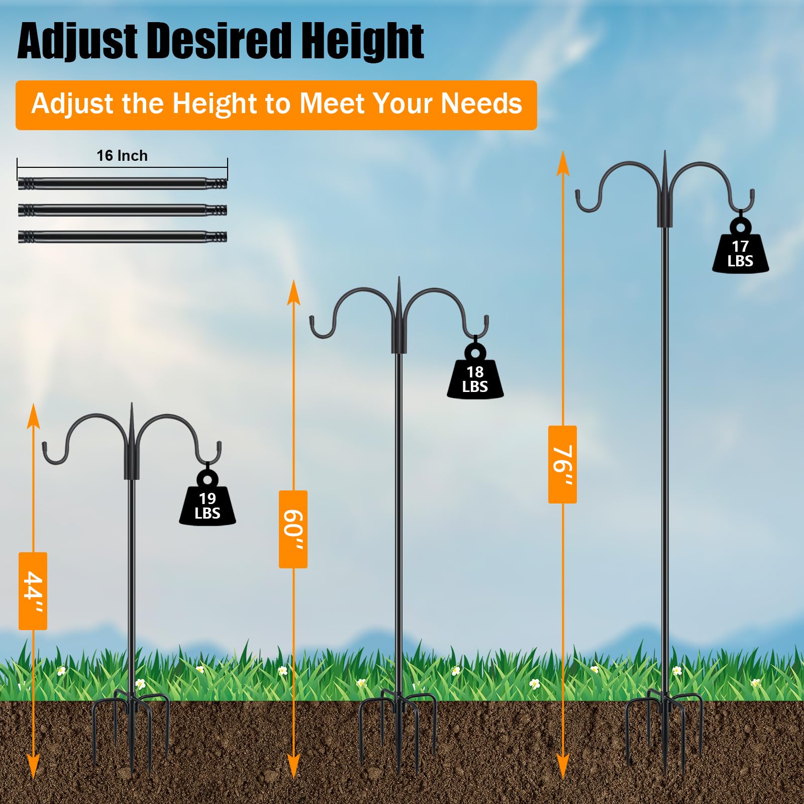 FEED GARDEN adjustable height poles illustrating three settings