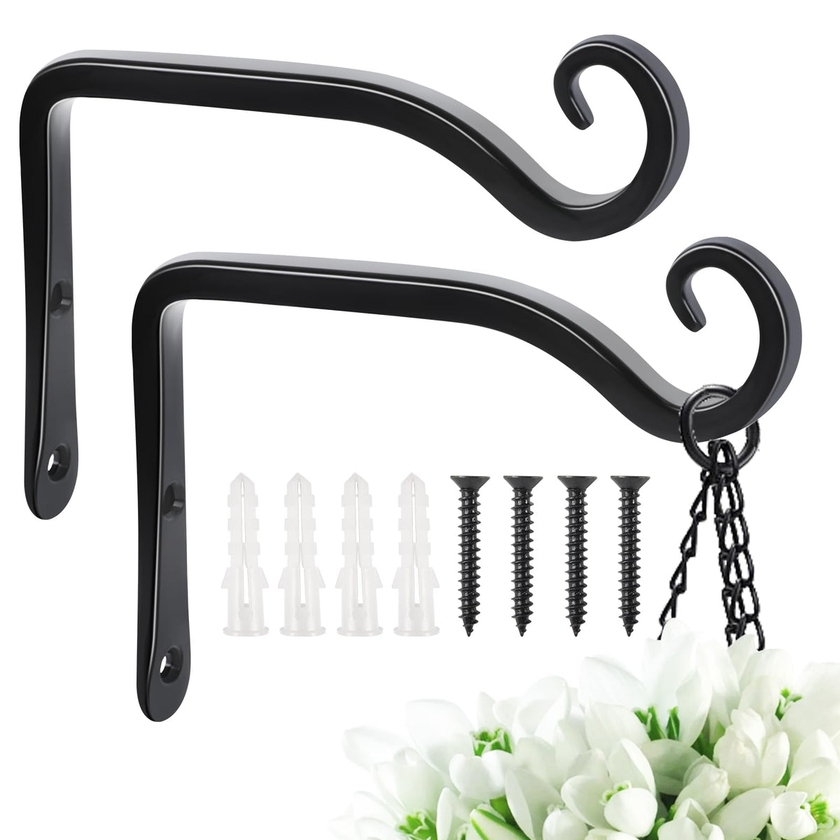 FEED GARDEN front view of two black iron plant brackets showing compact design and durability