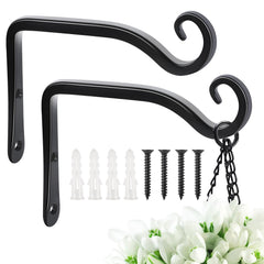 FEED GARDEN front view of two black iron plant brackets showing compact design and durability