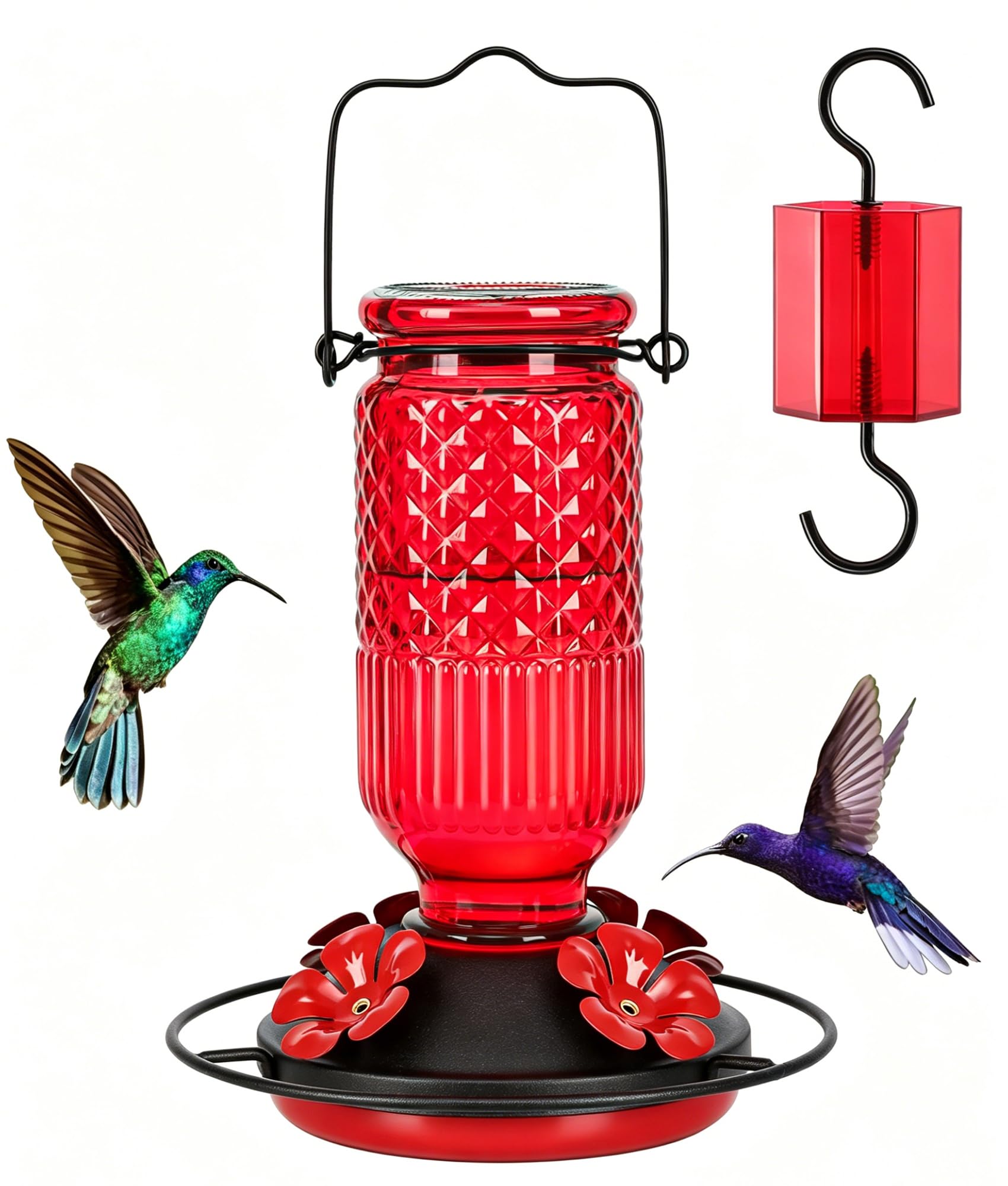 FEED GARDEN front view showing red glass feeder and hanging loop, attracts hummingbirds