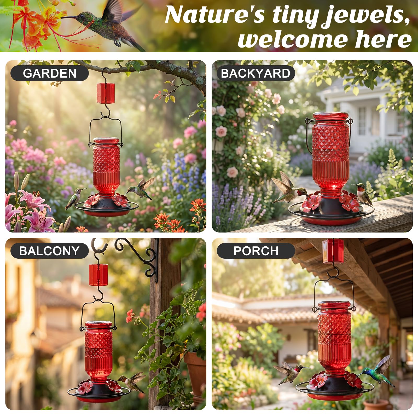 FEED GARDEN feeder in use with hummingbird feeding, supports multiple birds comfortably