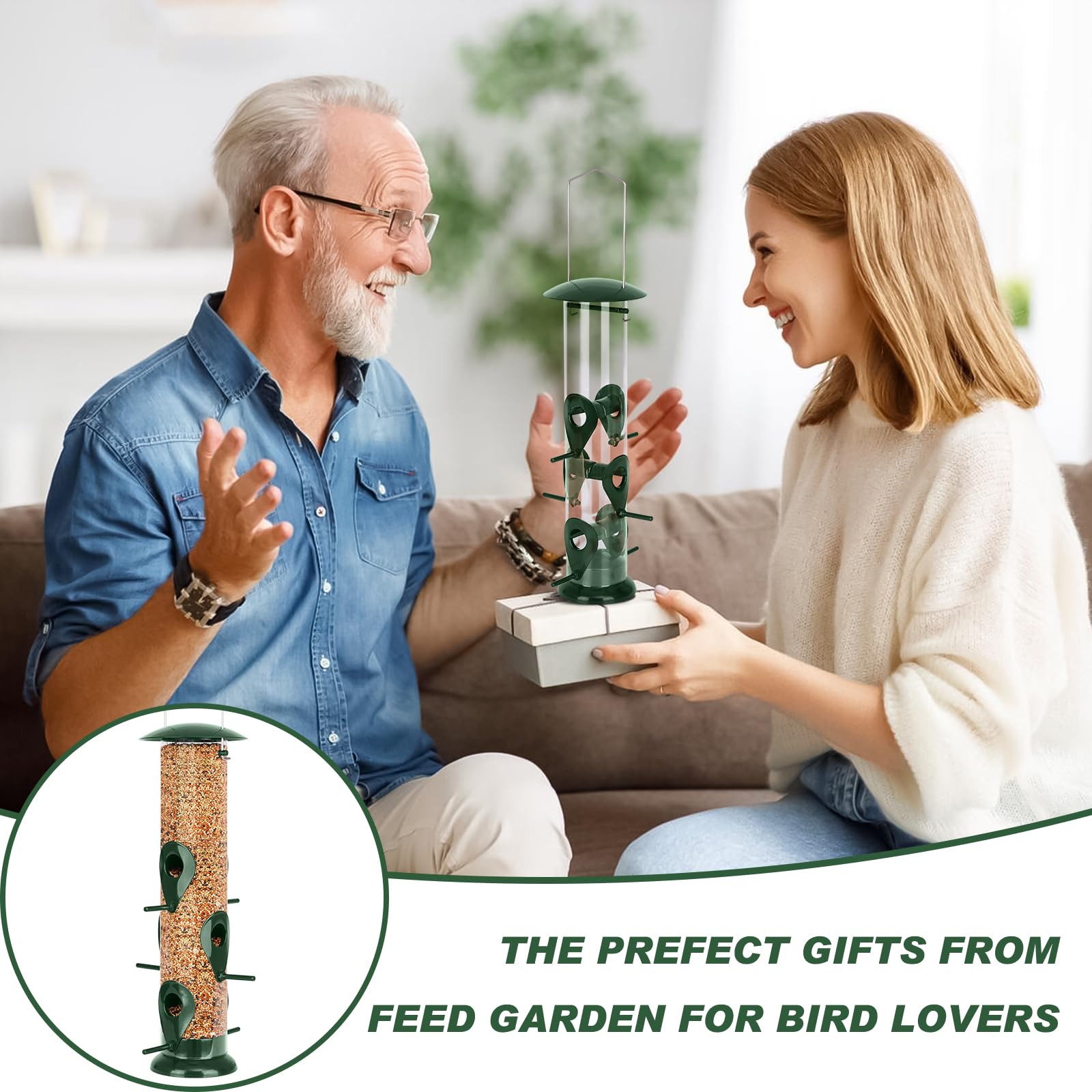 FEED GARDEN feeder mounted on shepherd's hook in yard for window-view birdwatching