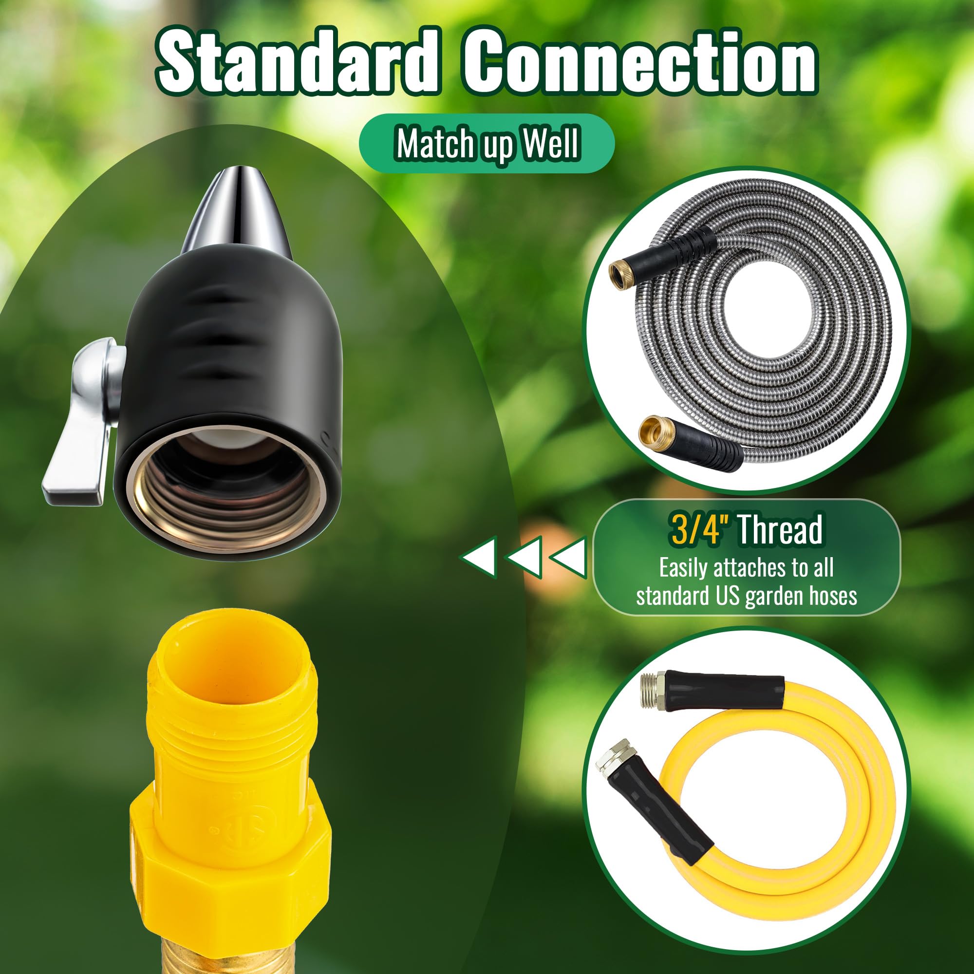 Feekoon nozzle attached to standard hose showing size scale benefit