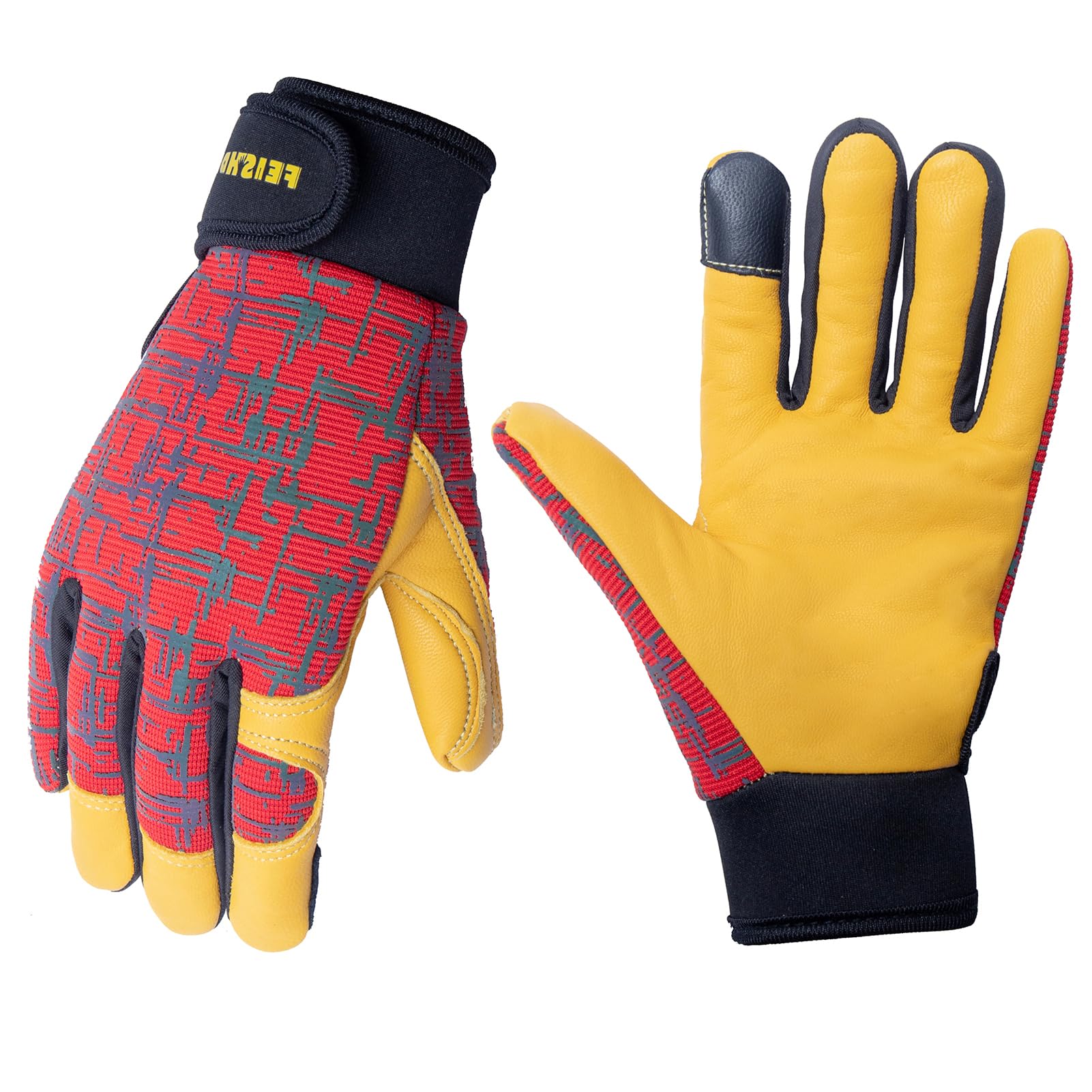 FEISHDEK front view of red kids gloves showing size and brand benefits