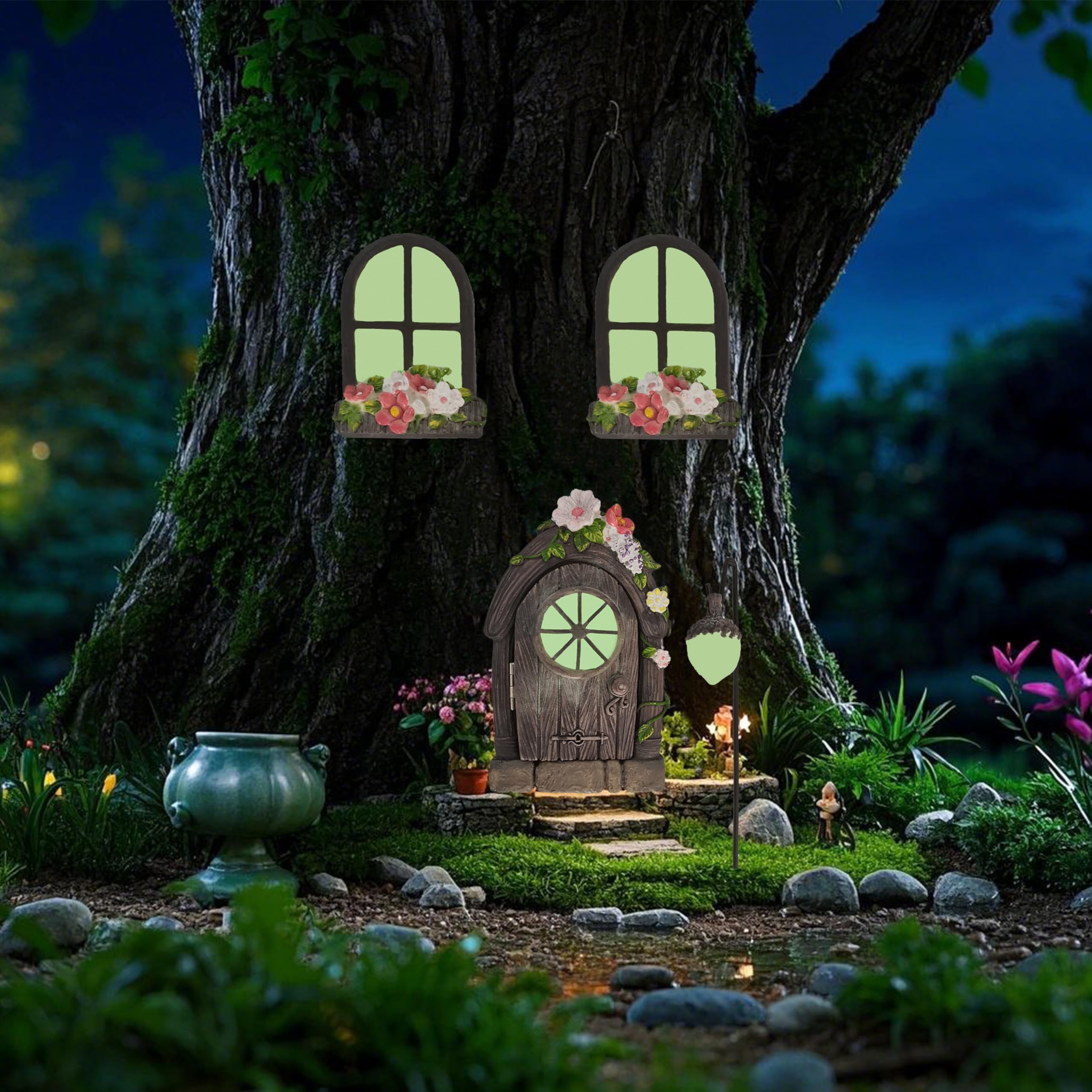 FESTGLOX mounted on tree trunk demonstrating easy hanging and whimsical decoration