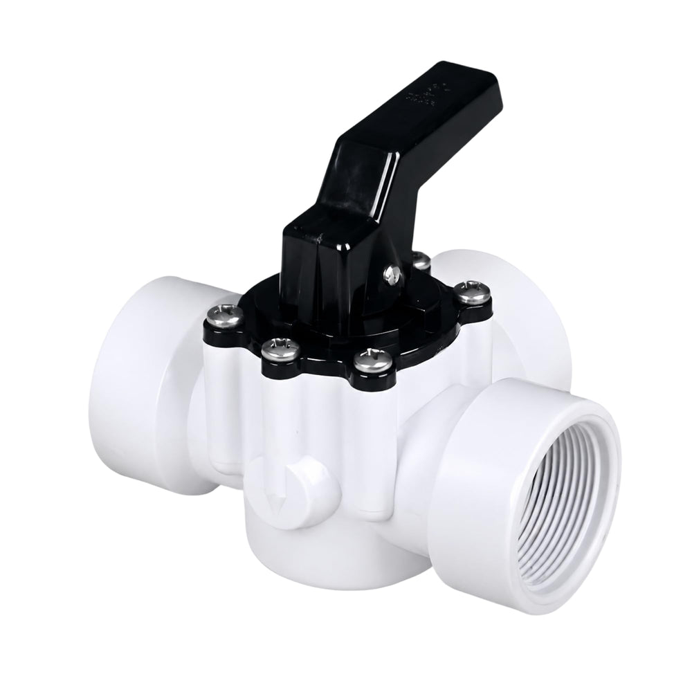 FibroPool front view of 3-way diverter valve showing compact durable body and clear ports