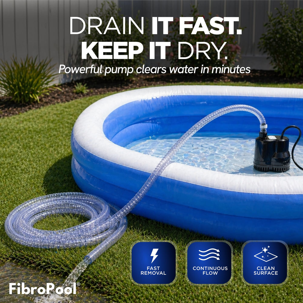 FibroPool pump assembled with 16 ft hose for easy directed drainage benefit