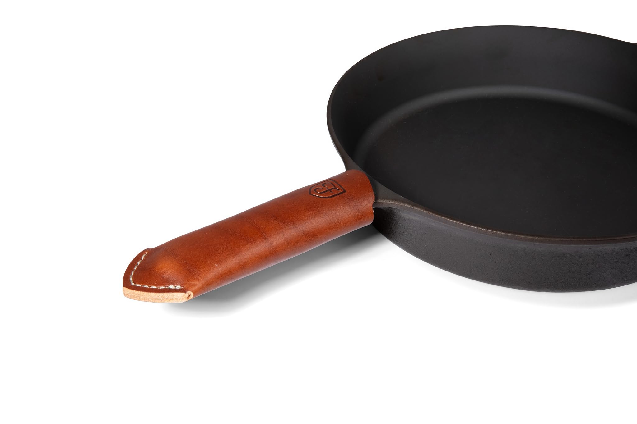 Field Company brown leather handle cover front view shows snug fit and improved grip
