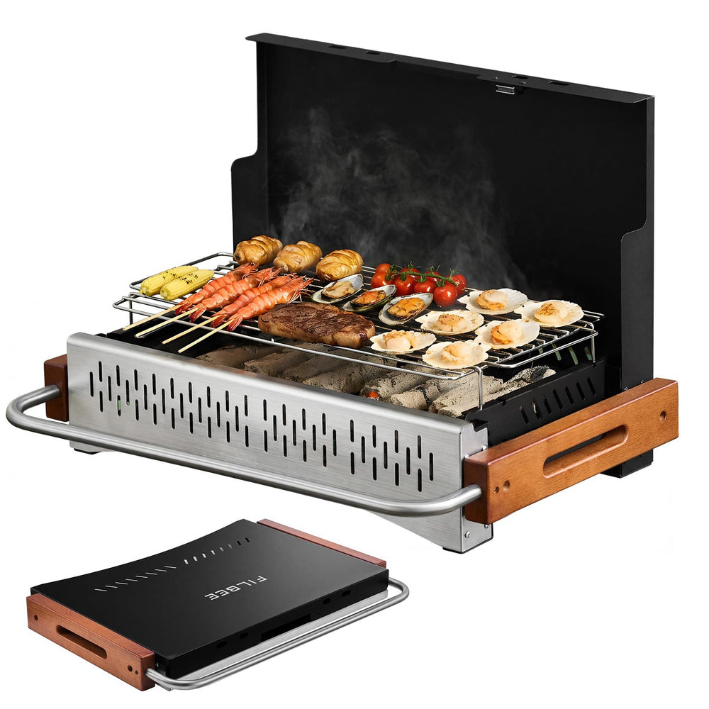 Filbee front view folded grill showing compact portability and quick setup