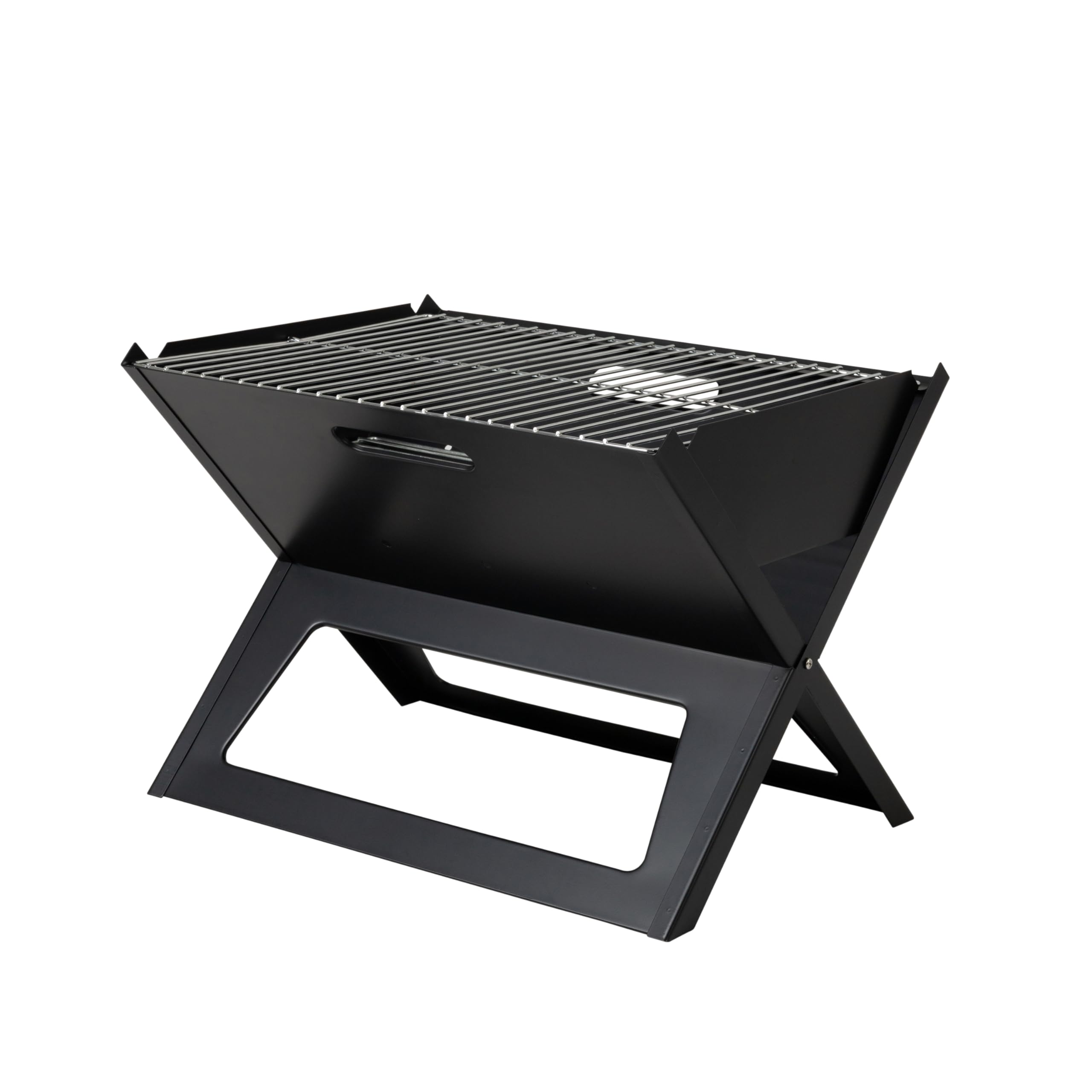 Fire Sense front open grill showing full cooking surface and easy setup benefit
