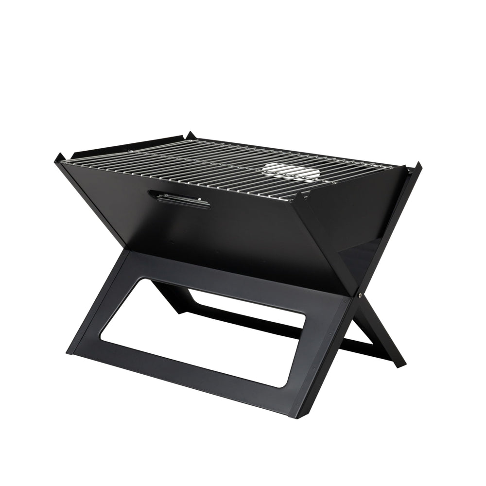 Fire Sense front open grill showing full cooking surface and easy setup benefit
