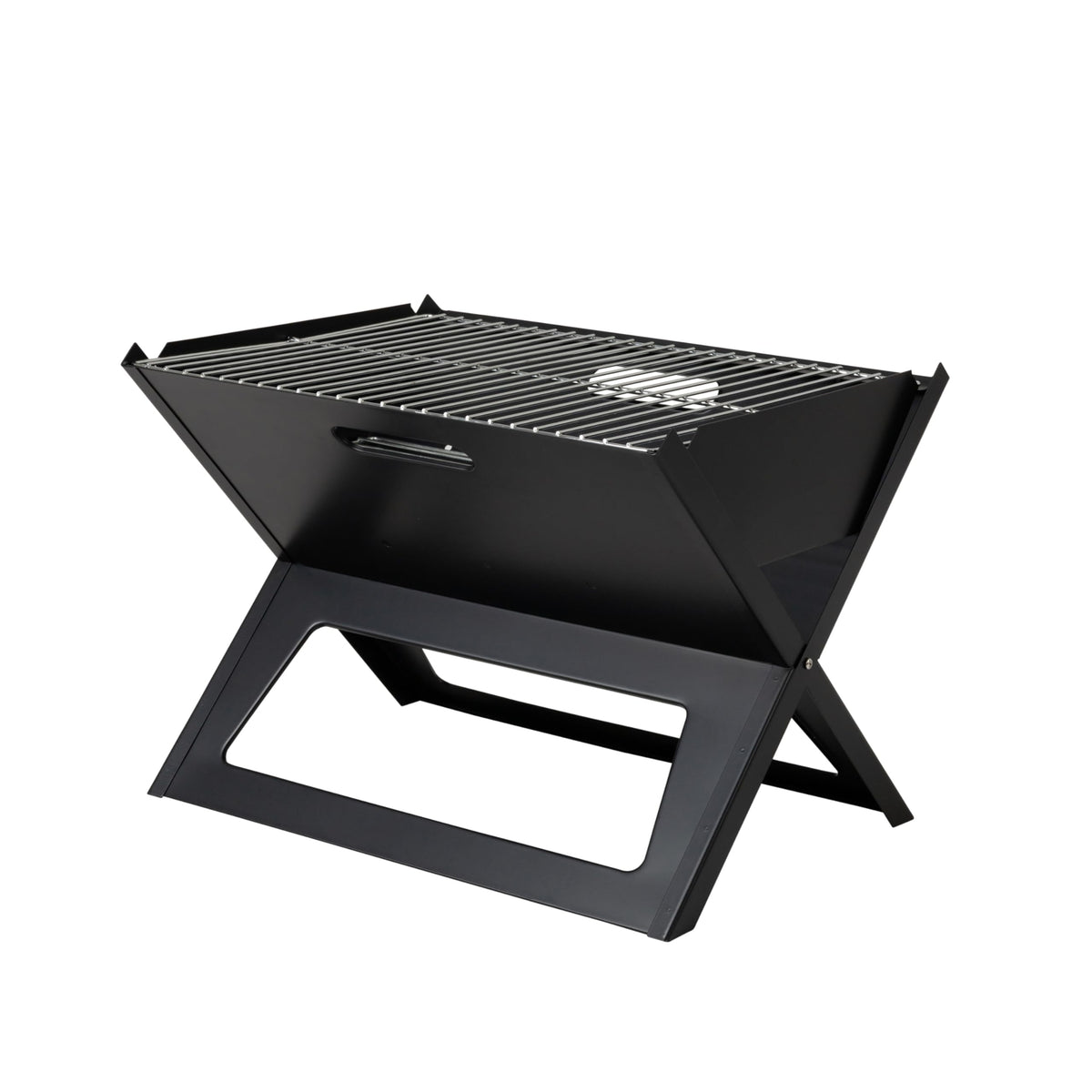 Fire Sense front open grill showing full cooking surface and easy setup benefit