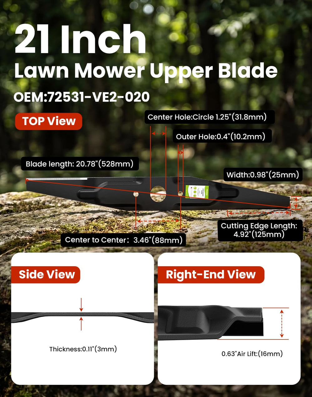 Fismiuta blade held in hand to show 21" scale and fit for Honda mowers
