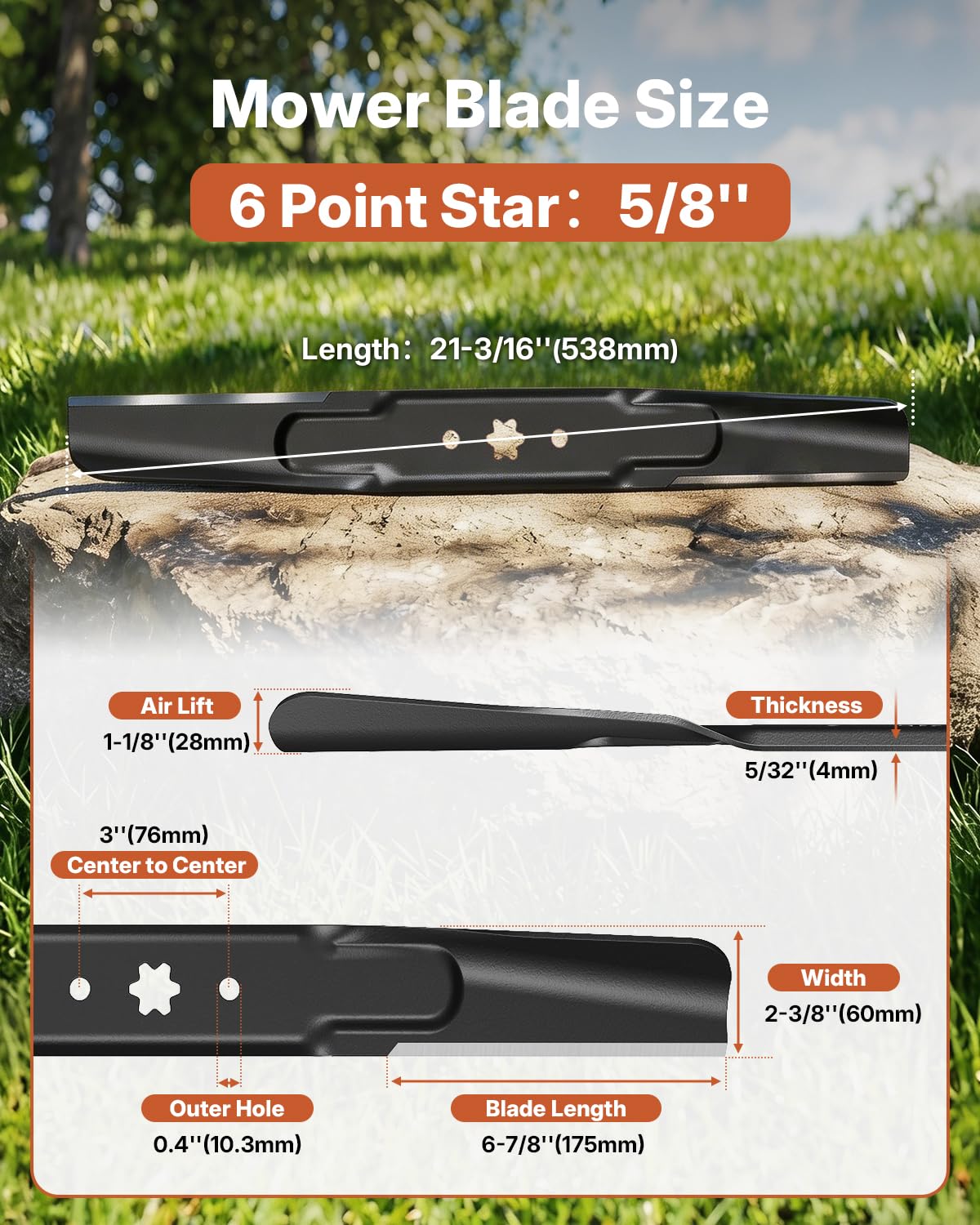 Fismiuta detailed view of 6-point star center hole for secure mower fitment