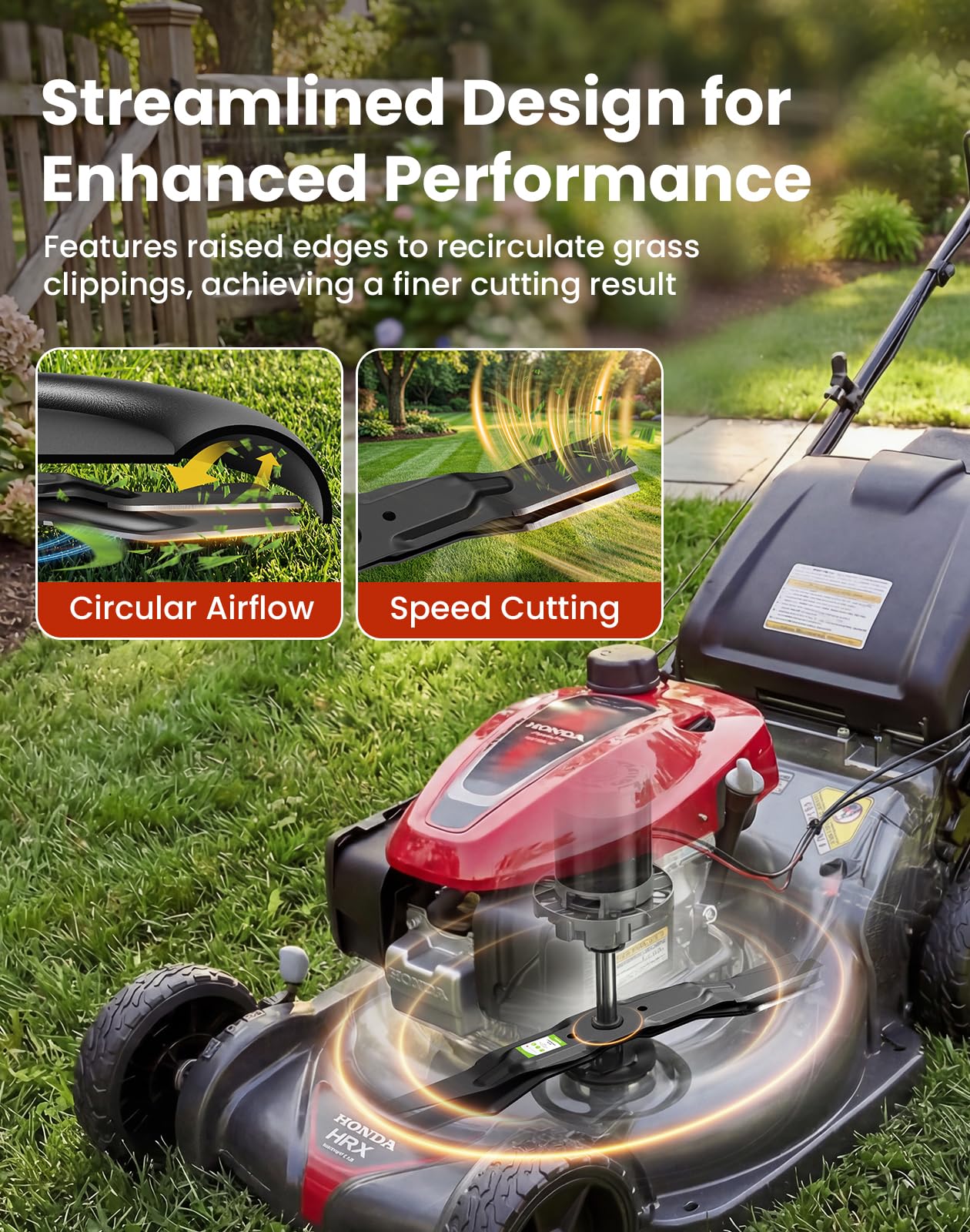 Fismiuta blades cutting grass to show cleaner finish and improved bagging