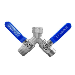 Fitvell front view of Y valve showing dual outlets and handles for convenient control