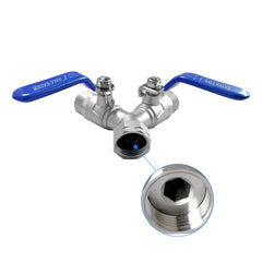 Fitvell Y valve attached to faucet in garden showing efficient dual-hose use
