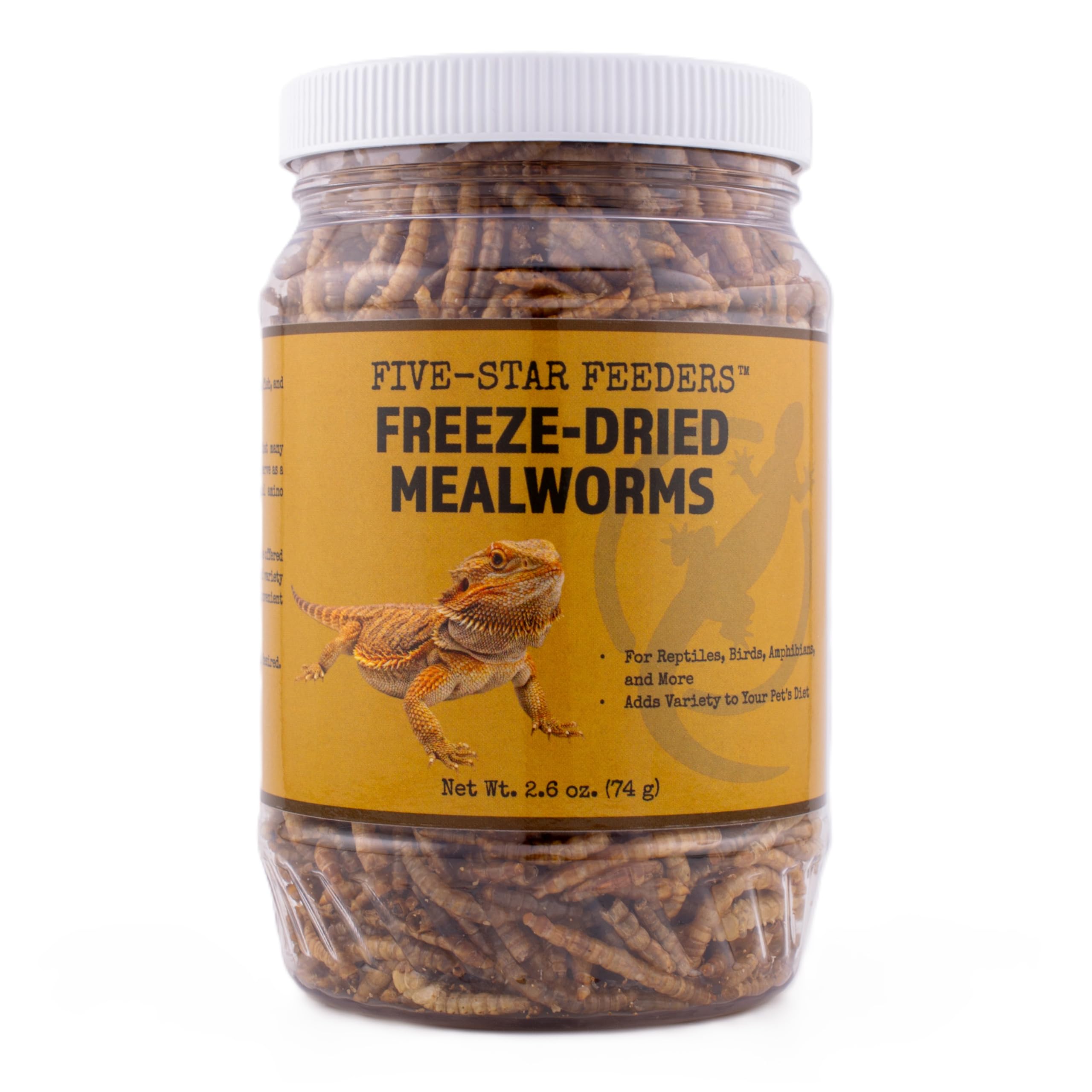 Five-Star Feeders jar front view showing label and resealable lid, highlights convenience
