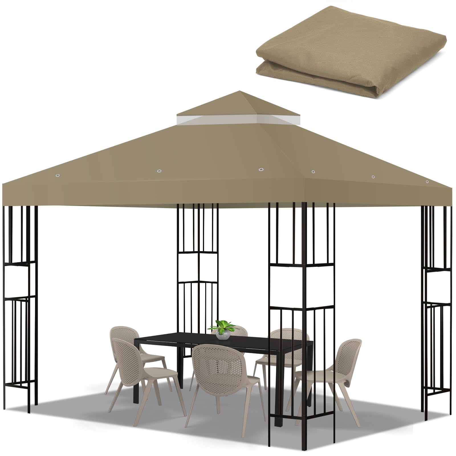 FLAGLY front view of khaki canopy showing full coverage and curb appeal