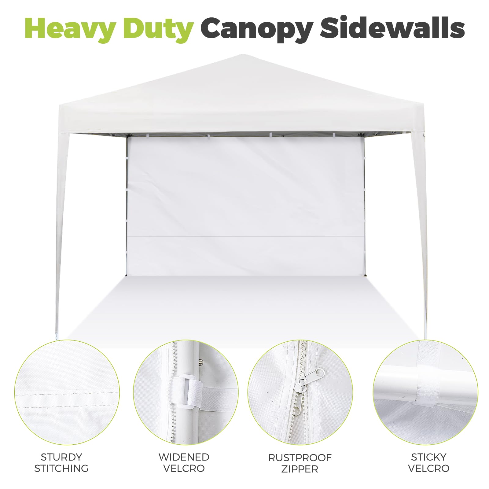 FLAGLY sidewall installed on a 10x10 canopy showing weather protection and privacy