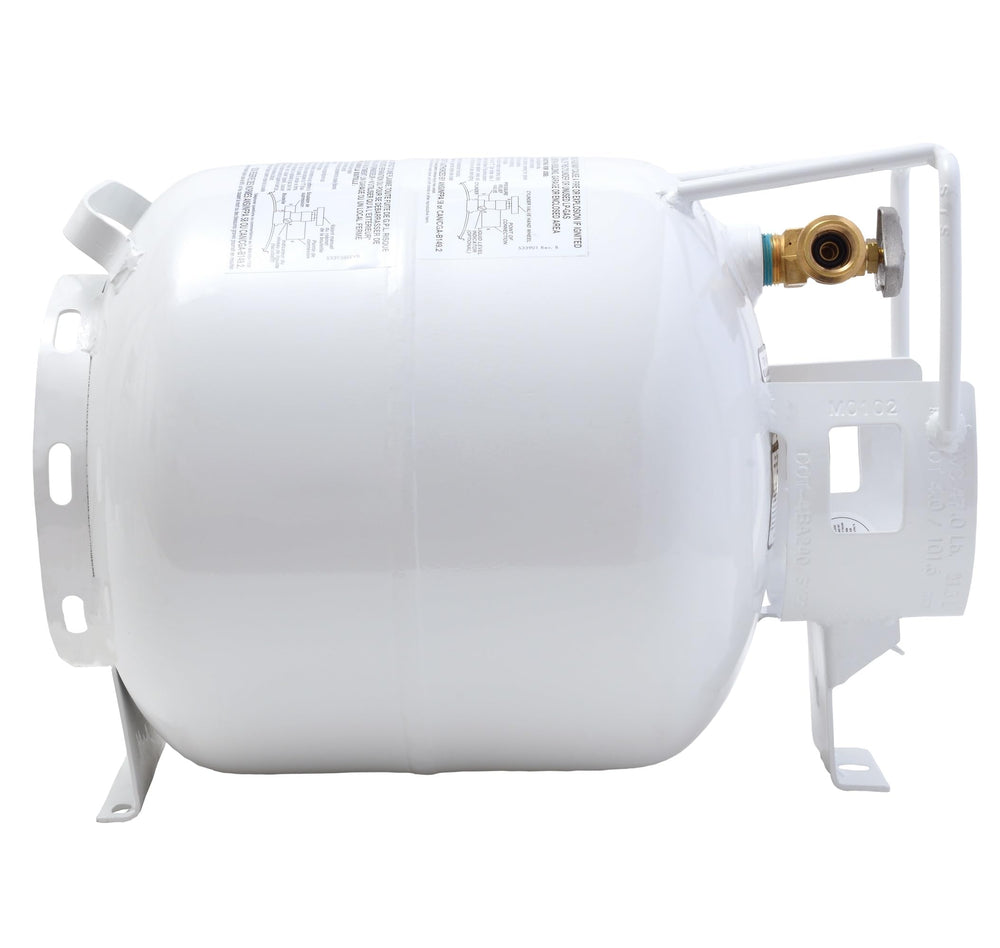 Flame King tank beside RV step showing scale and portability benefit