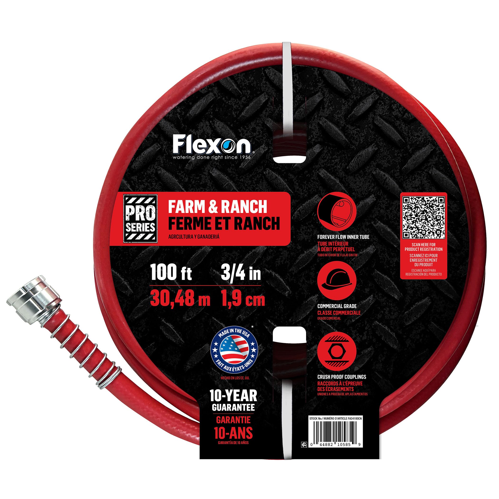 Flexon front packaging view showing full 100ft hose, durable and ready