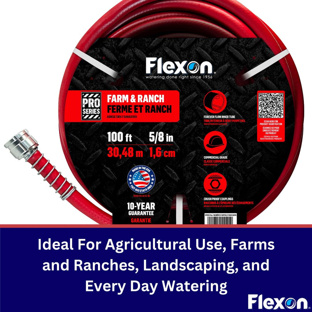 Flexon hose laid out with yard tools to show 100ft coverage