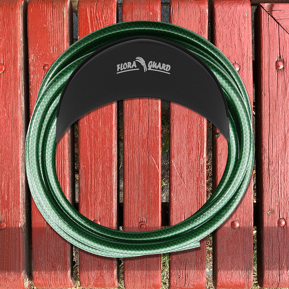 FLORA GUARD hose on holder in backyard demonstrating tidy, accessible storage