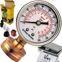 Flow Doctor front view of gauge kit showing case and adapters for easy testing
