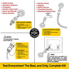 Flow Doctor gauge attached to garden hose demonstrating fast outdoor pressure checks