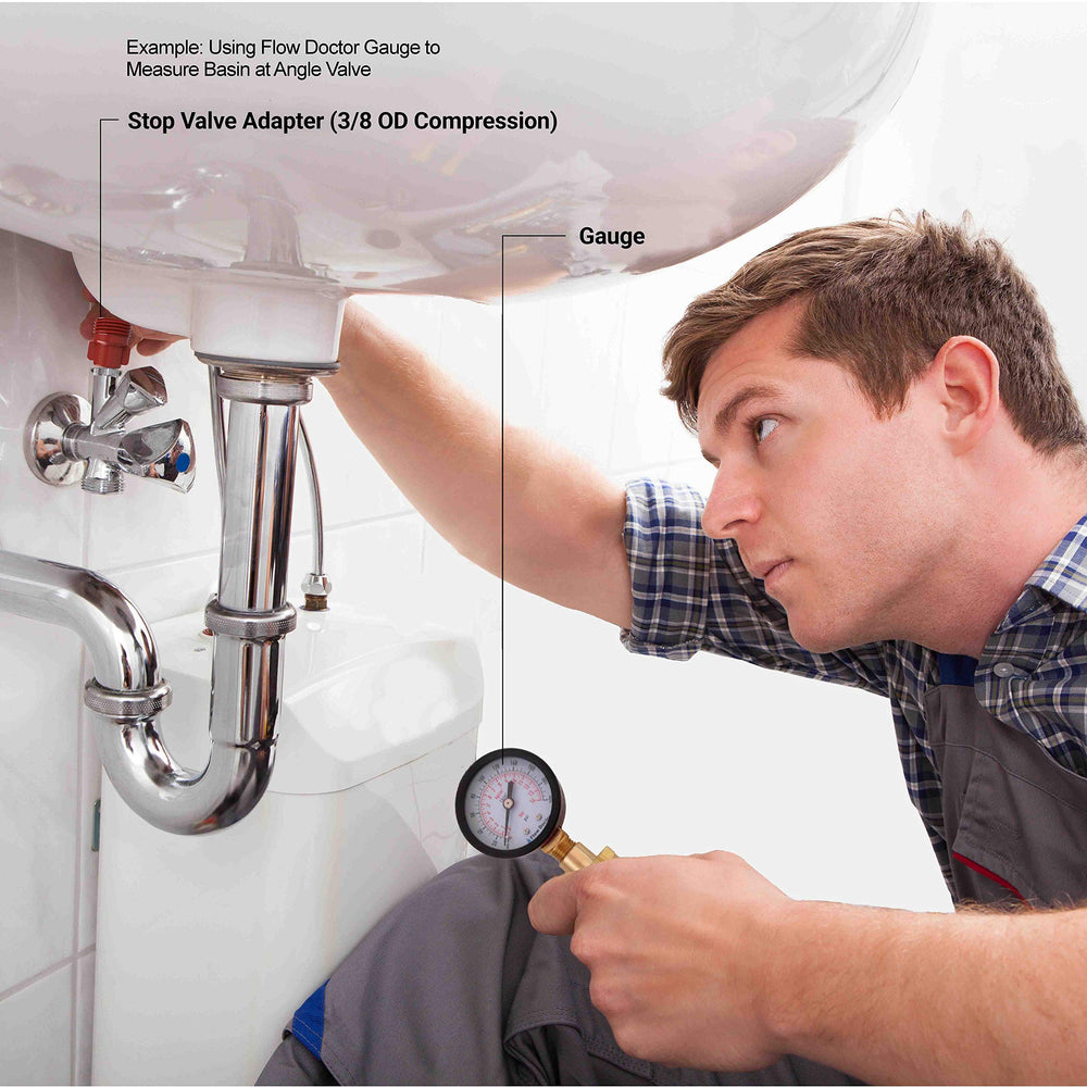 Flow Doctor gauge next to common objects showing compact kit portability and scale