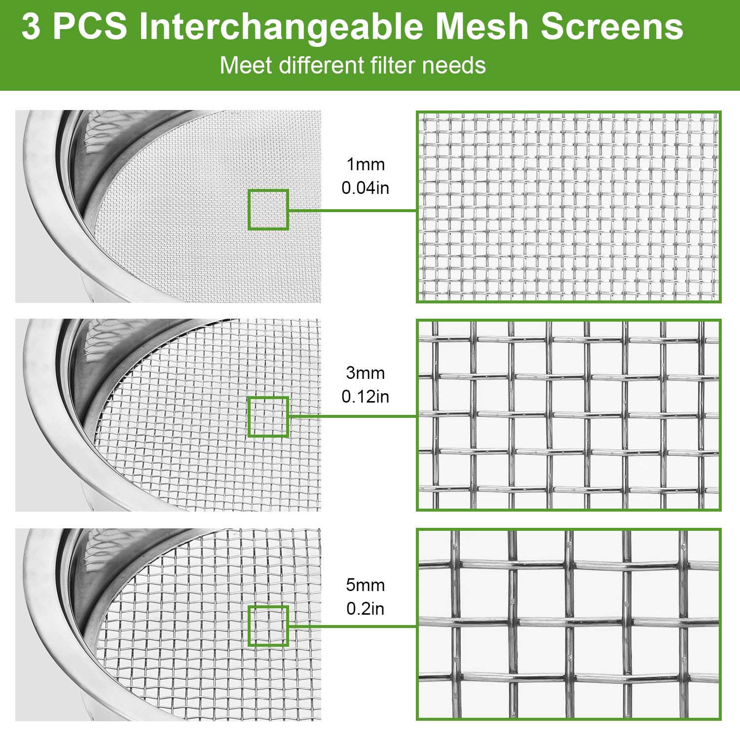 FLOLXNB three interchangeable meshes displayed for versatile sifting