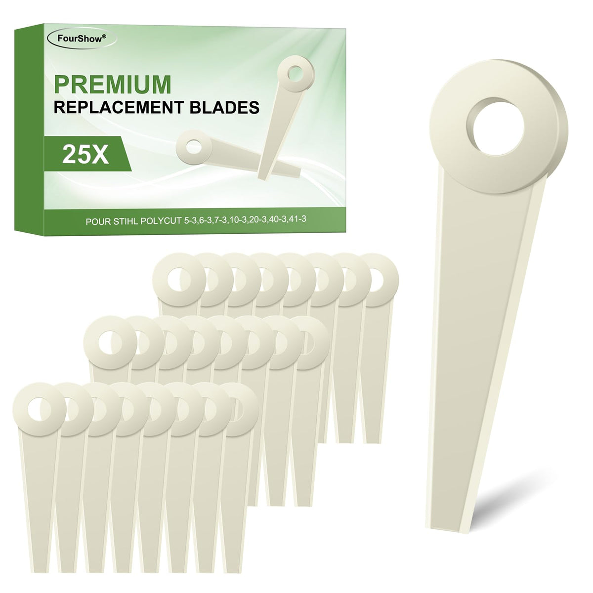 FourShow front packaging showing 25 blades and compatibility information for quick identification