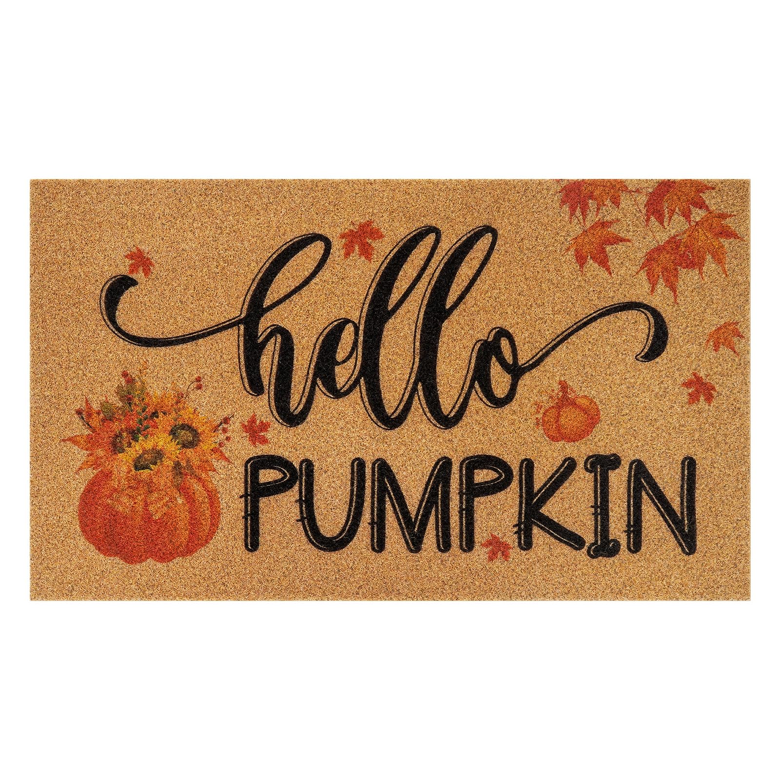 FRAMICS front view of Hello Pumpkin doormat showing warm autumn welcome