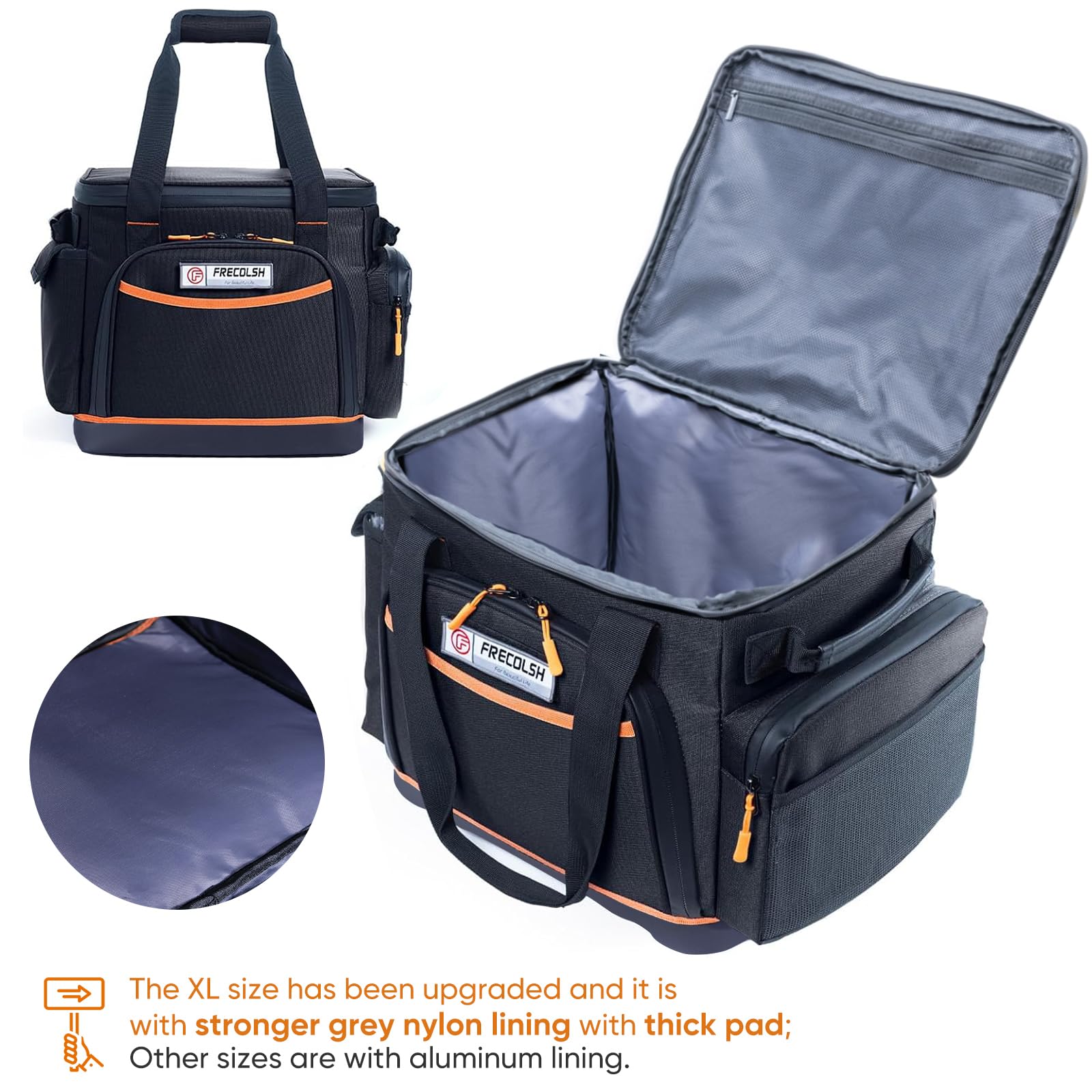 FRECOLSH open front zip access demonstrating charging without removal benefit