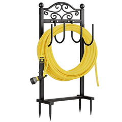 Freexployer front view of freestanding hose holder showing neat storage benefit