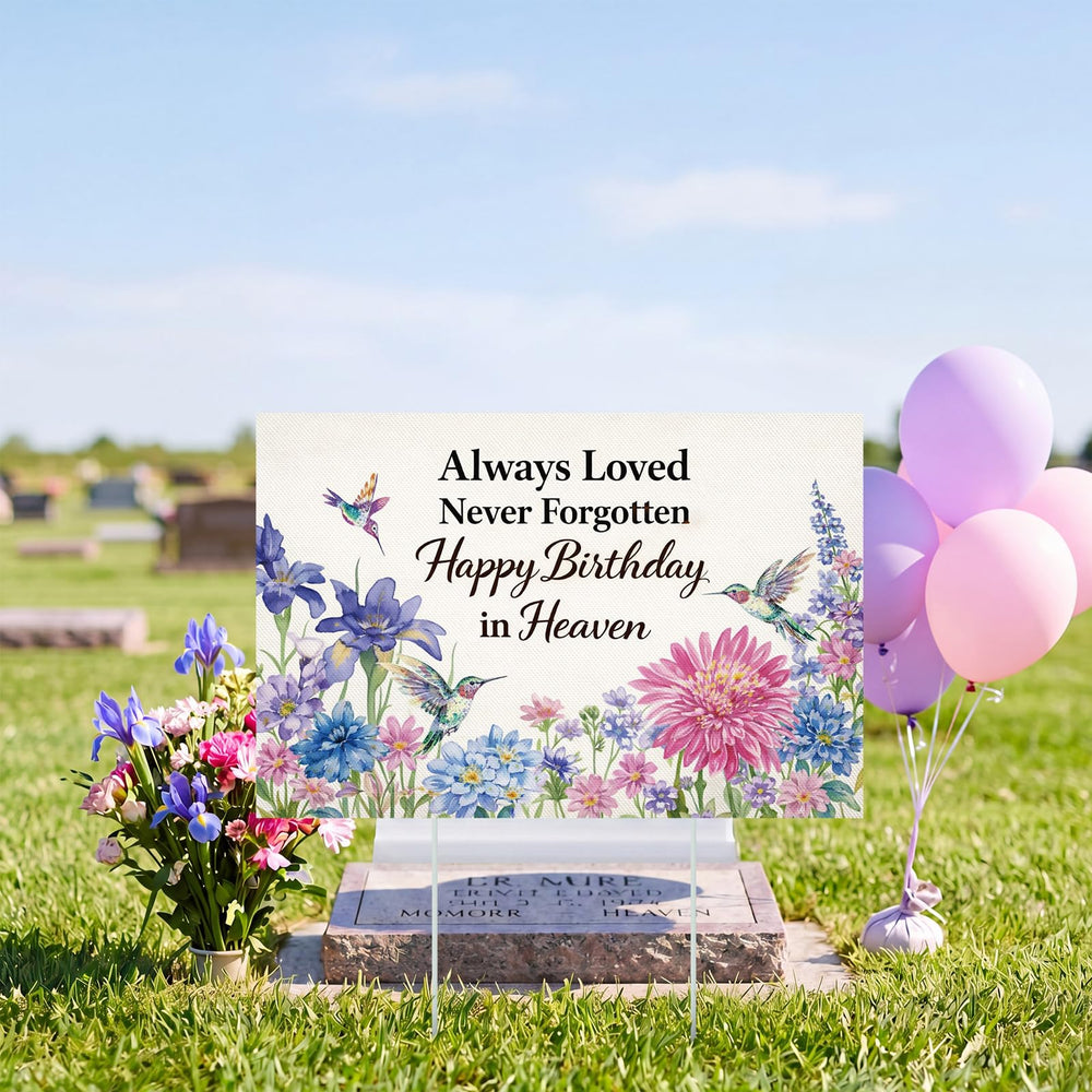 Frienda front view sign showing colorful hummingbird and greeting for visible tribute