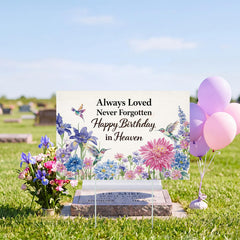 Frienda front view sign showing colorful hummingbird and greeting for visible tribute