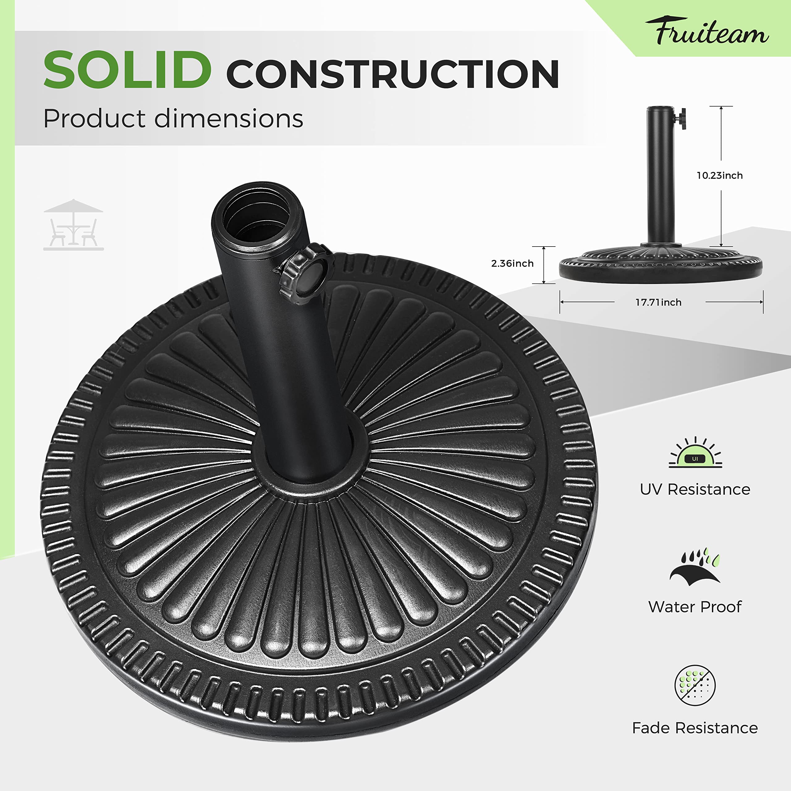 FRUITEAM in-use with patio table keeping umbrella steady benefit