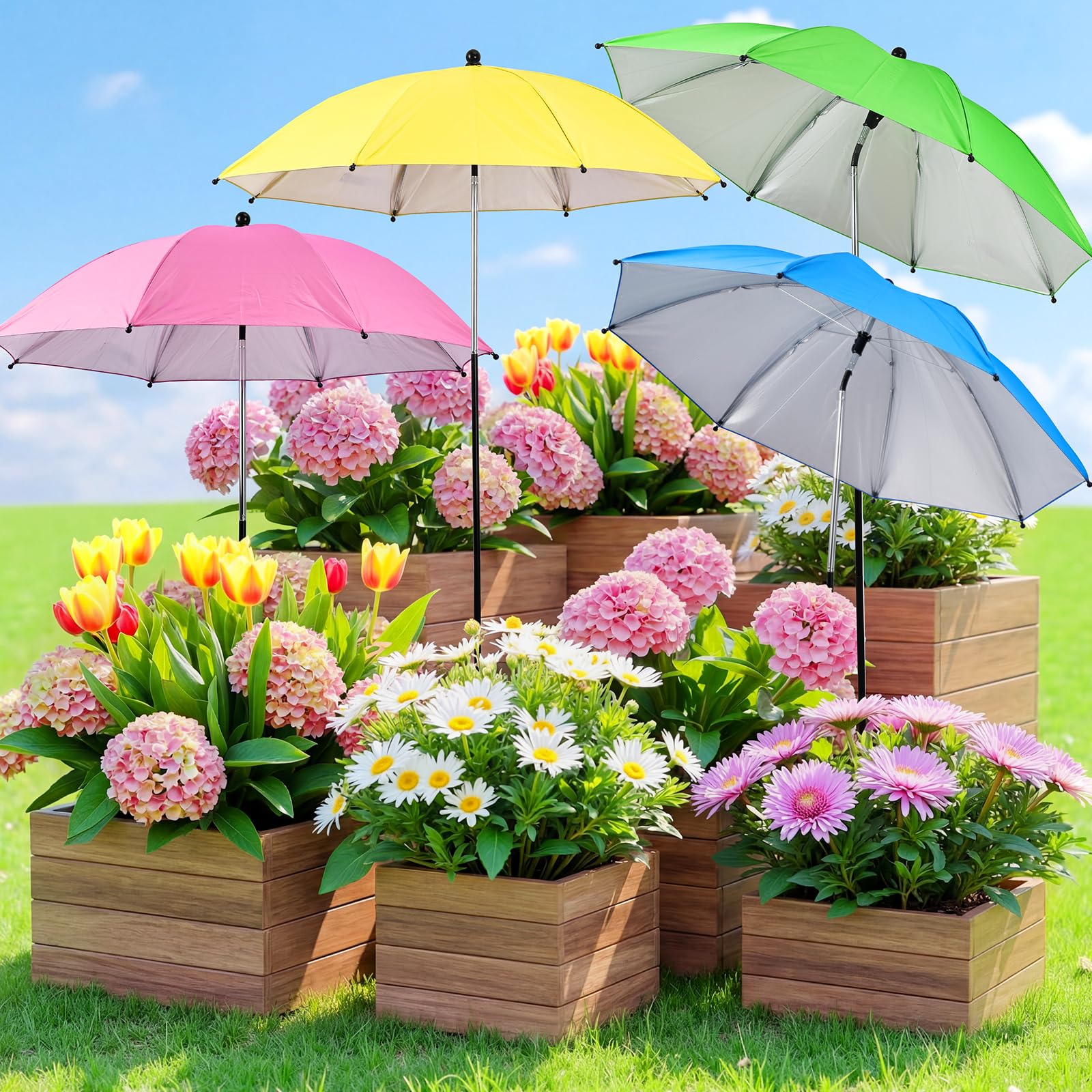 FuBegi front view showing four plant umbrellas protecting pots