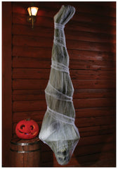 Fun World hanging cocoon corpse in yard creating dramatic spooky scene