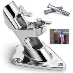 FUNNANS front view of flag pole holder showing sturdy stainless finish and USA engraving