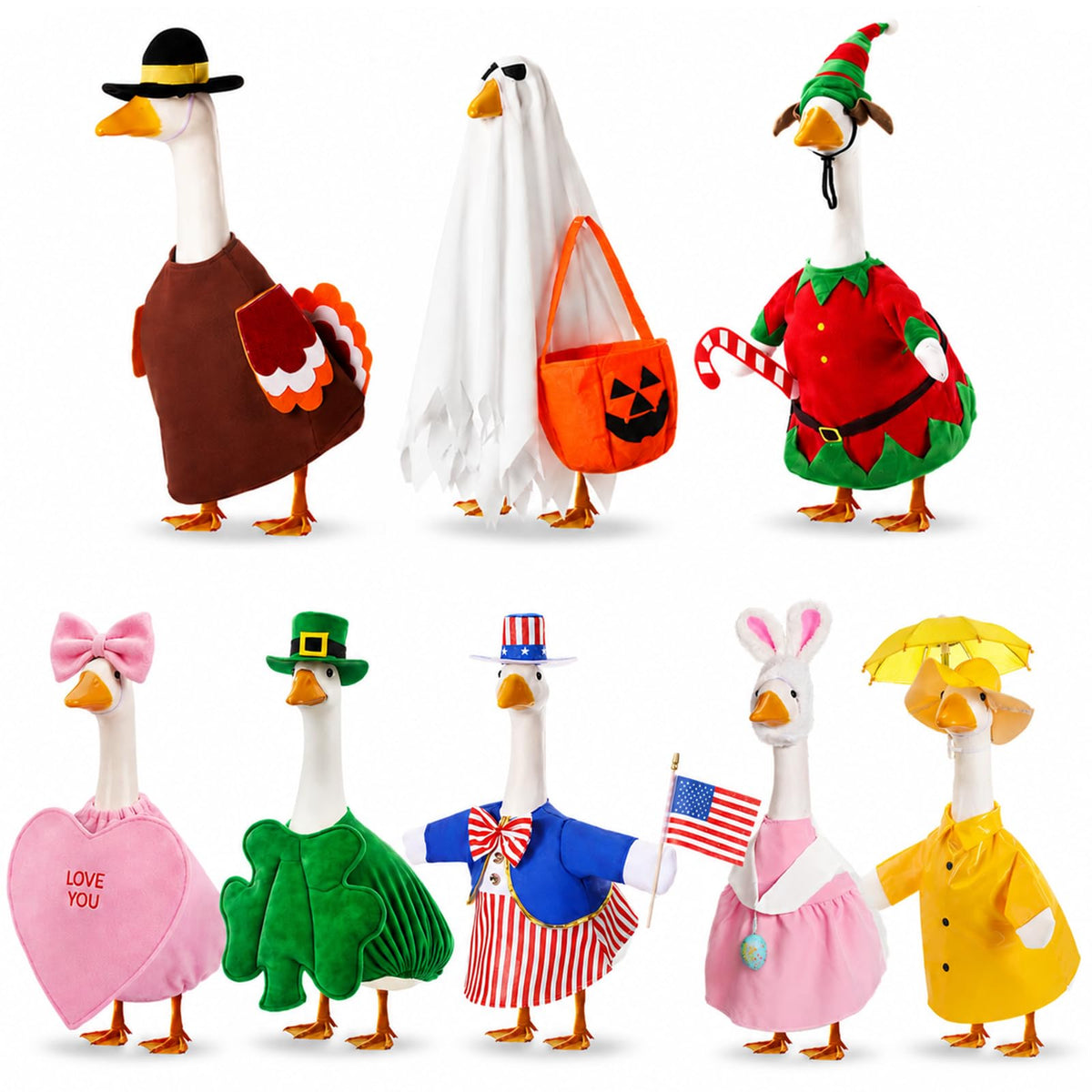FuWeave front packaging view showing all eight holiday goose outfits and easy storage