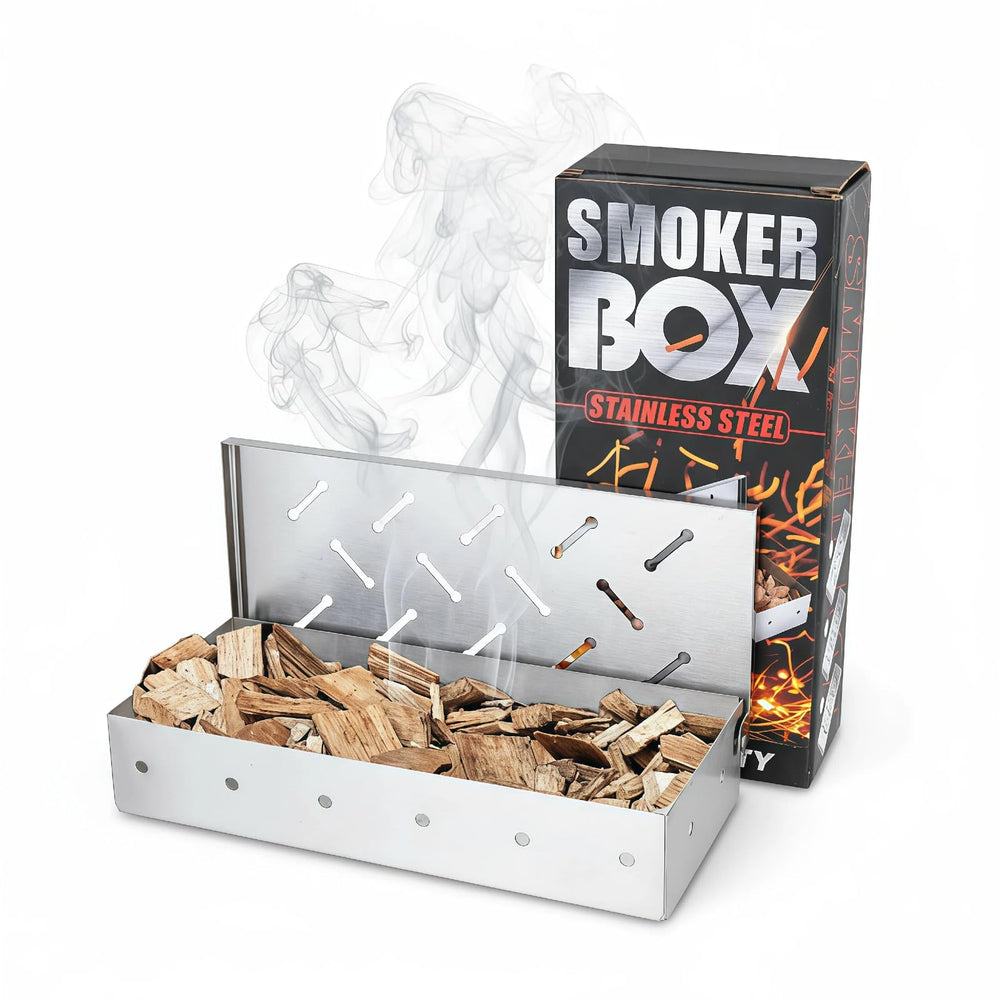 Fving smoker box front view showing heavy-duty stainless steel and compact design for lasting use