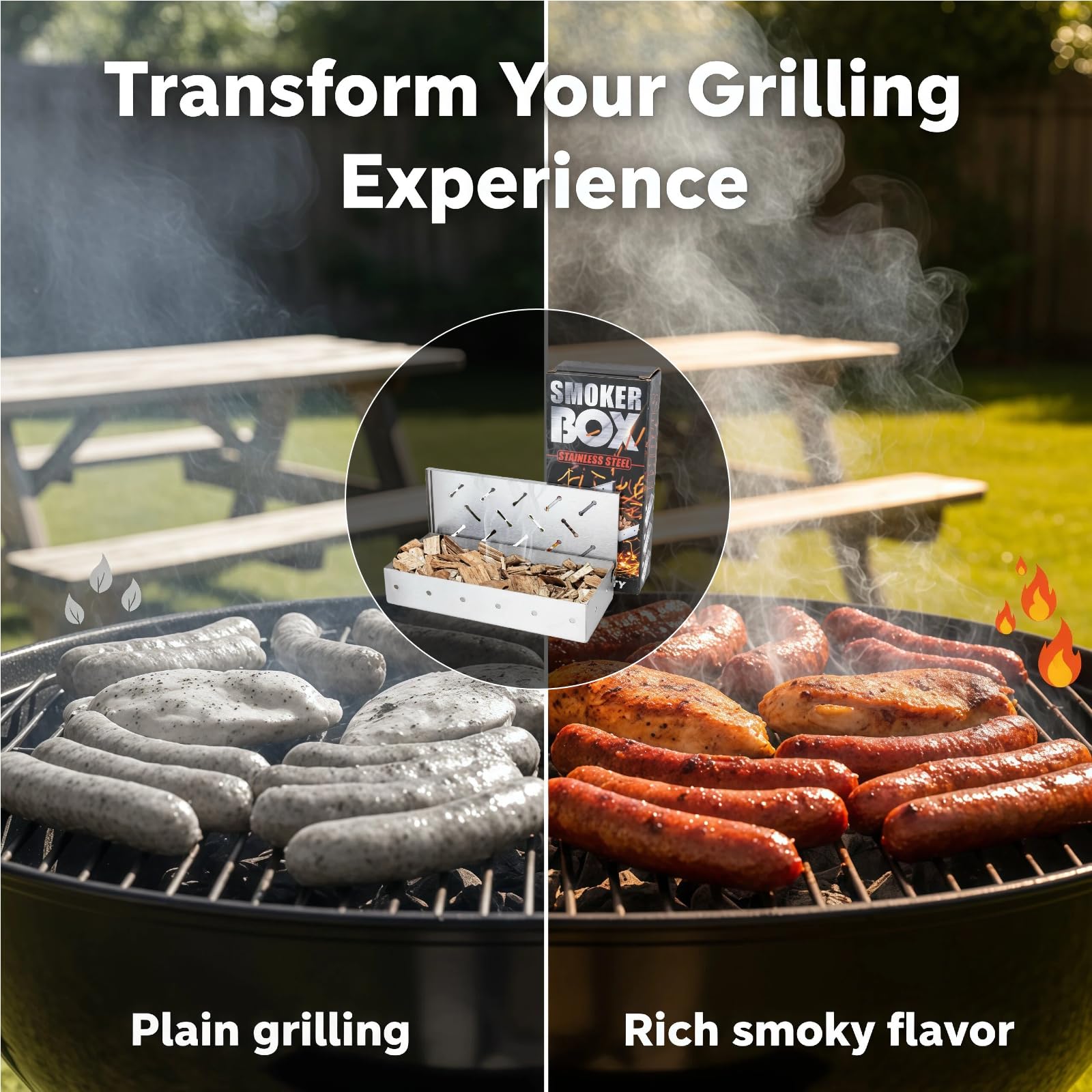 Fving smoker box placed on grill grates showcasing compatibility with gas grills and steady smoking